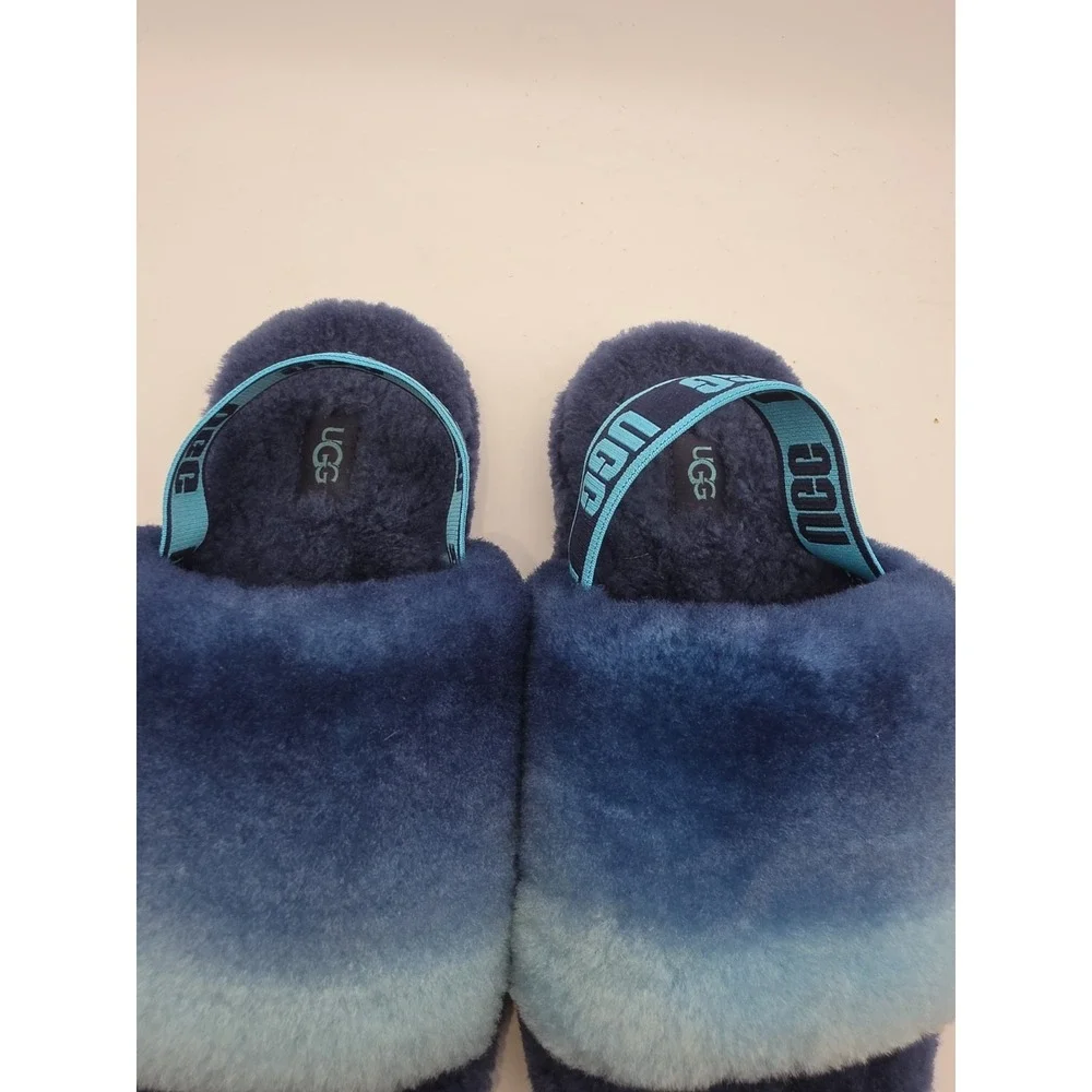 Women UGG Fluff Slides Bright Blue Slipper Size 4 w/ Straps